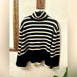 Oversized wool-cotton chunky black/cream striped turtleneck sweater, size L